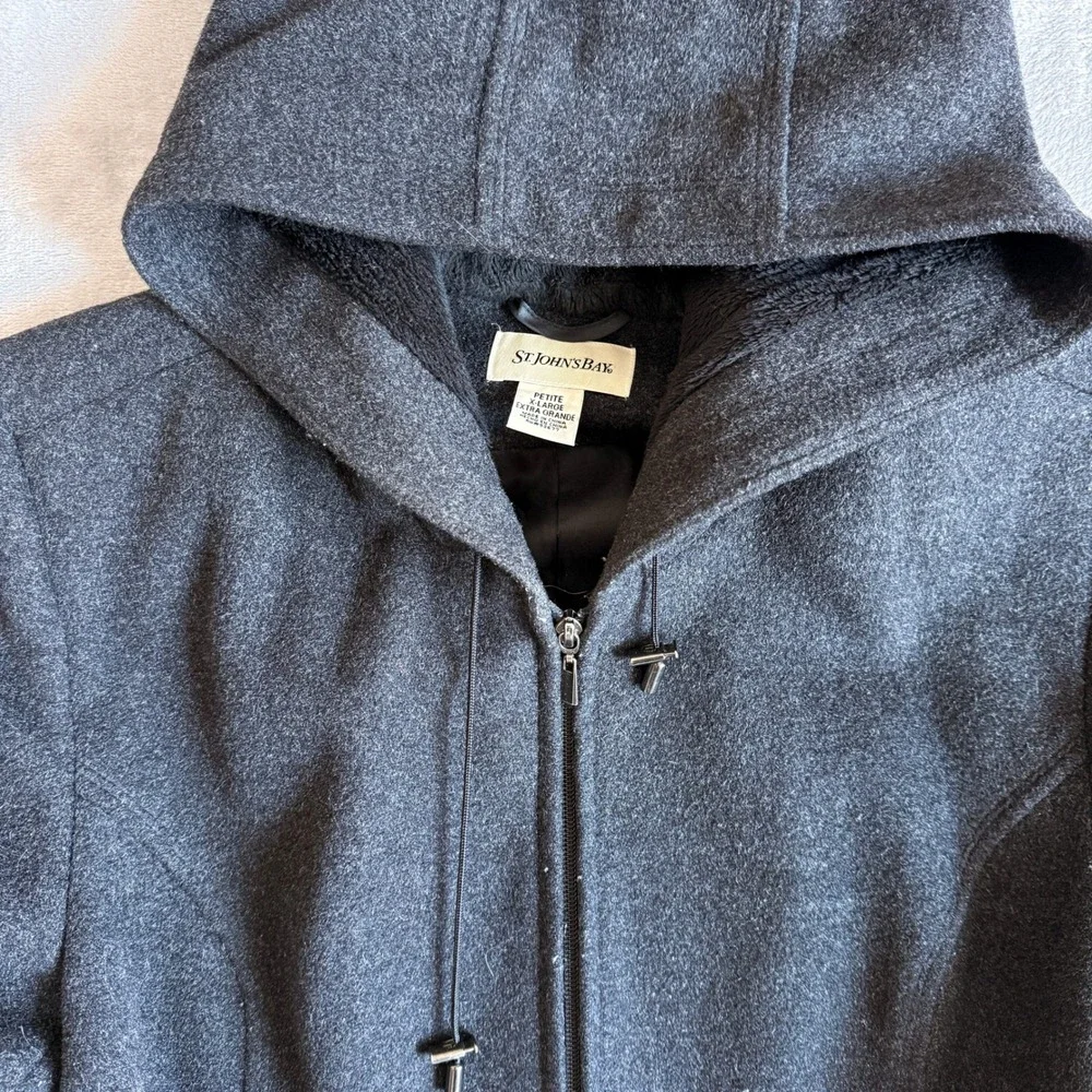 St Johns Bay Petite XL Charcoal Gray Wool Blend Hooded Zip‎ Front Jacket Coat - Picture 2 of 7